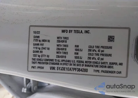 2023 Tesla Model 3 Rear-Wheel Drive z USA, uszkodzony, nr VIN 5YJ3E1EA7PF384280